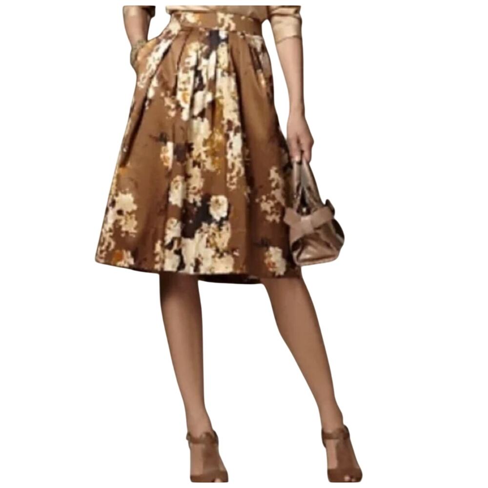 Talbots Womens Brown Floral Pleated A-Line Side Zip Slit Pockets Skirt Size 2P